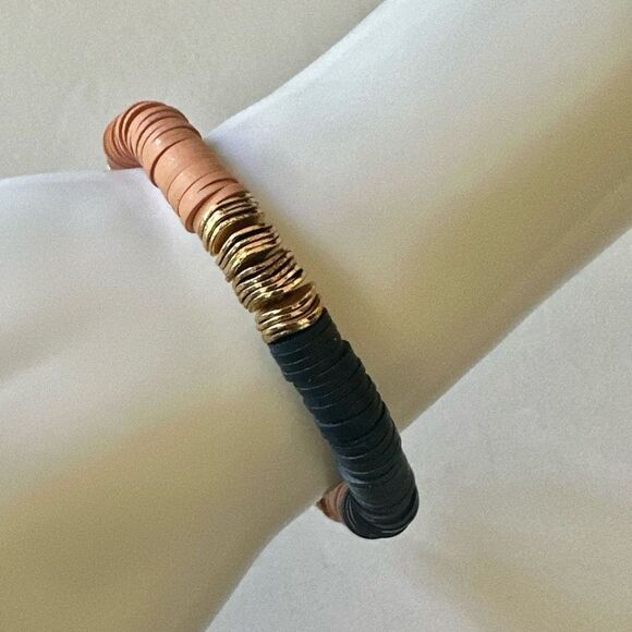 Canvas blue gold  tone and peach stretchy clay  disc bracelet - Picture 4 of 9